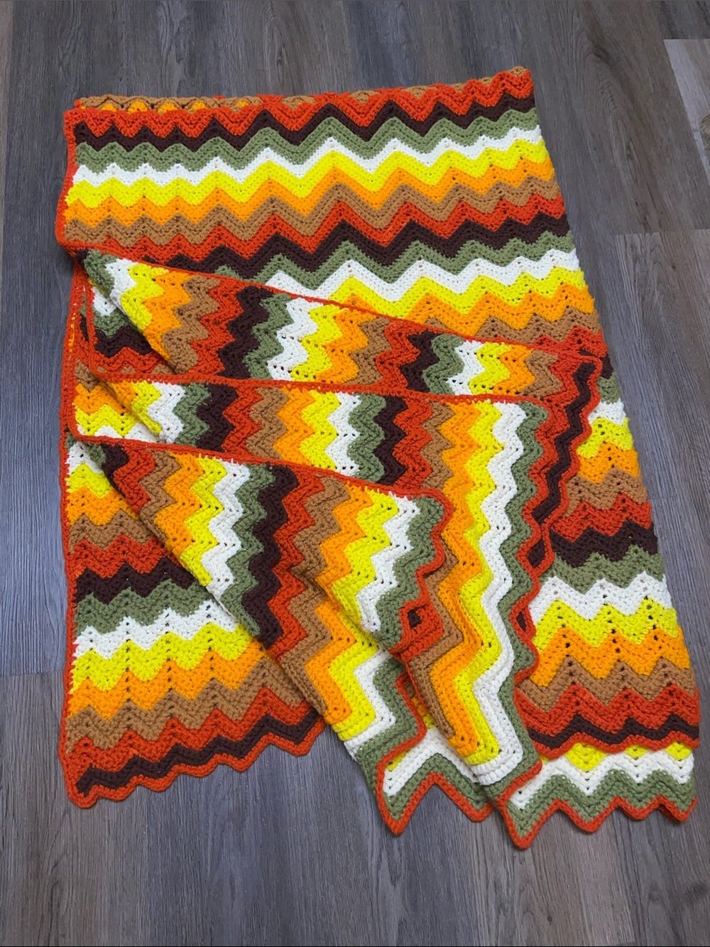 Vintage 1970s orange wool chevron afghan blanket zig zag acrylic stripes throw